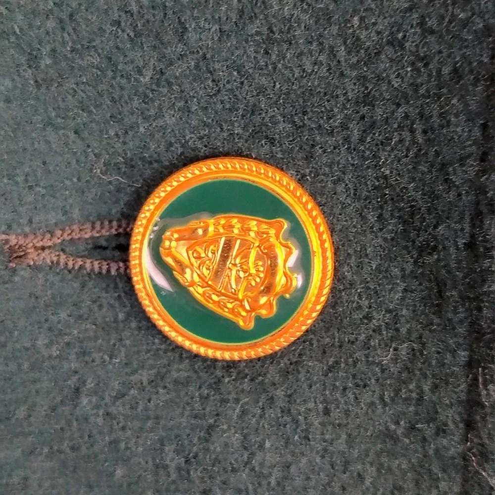 Mackintosh New England Vintage Wool Car Coat Teal Green Gold Crest Buttons Sz 12